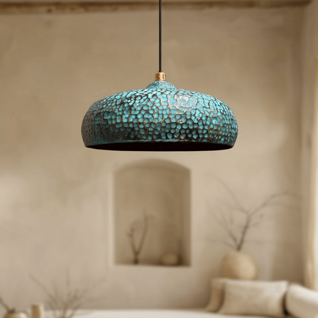 Set of 3 Blue Patina Brass Pendant Lights – Handcrafted Oxidized Dome Fixtures for Kitchen Islands