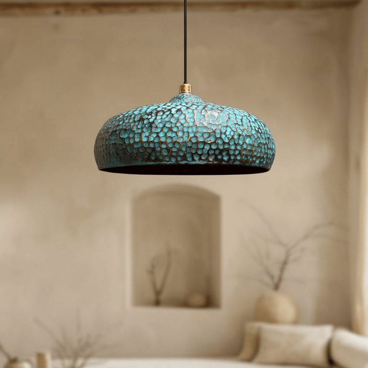 Set of 3 Blue Patina Brass Pendant Lights – Handcrafted Oxidized Dome Fixtures for Kitchen Islands