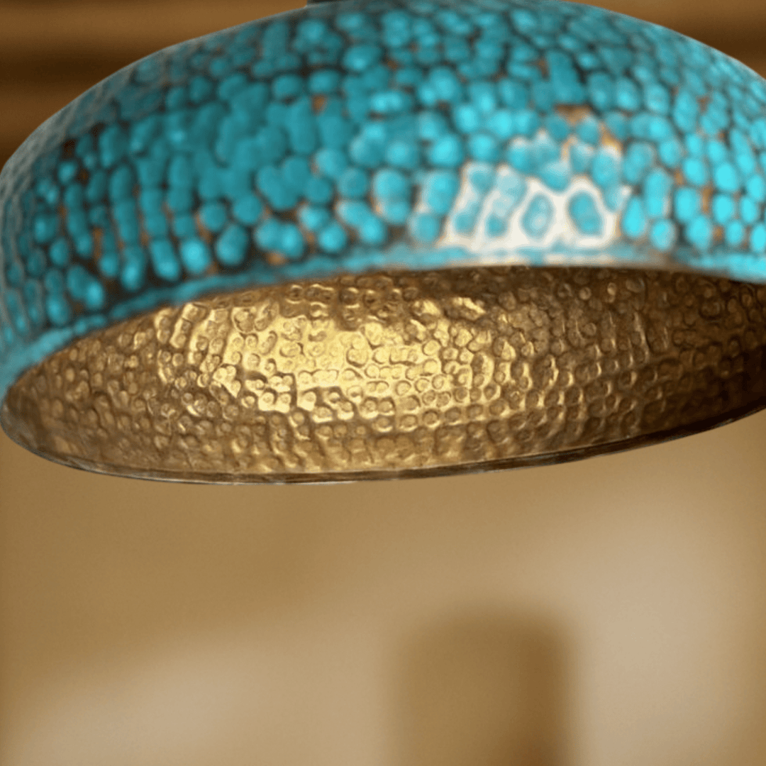 Set of 3 Blue Patina Brass Pendant Lights – Handcrafted Oxidized Dome Fixtures for Kitchen Islands