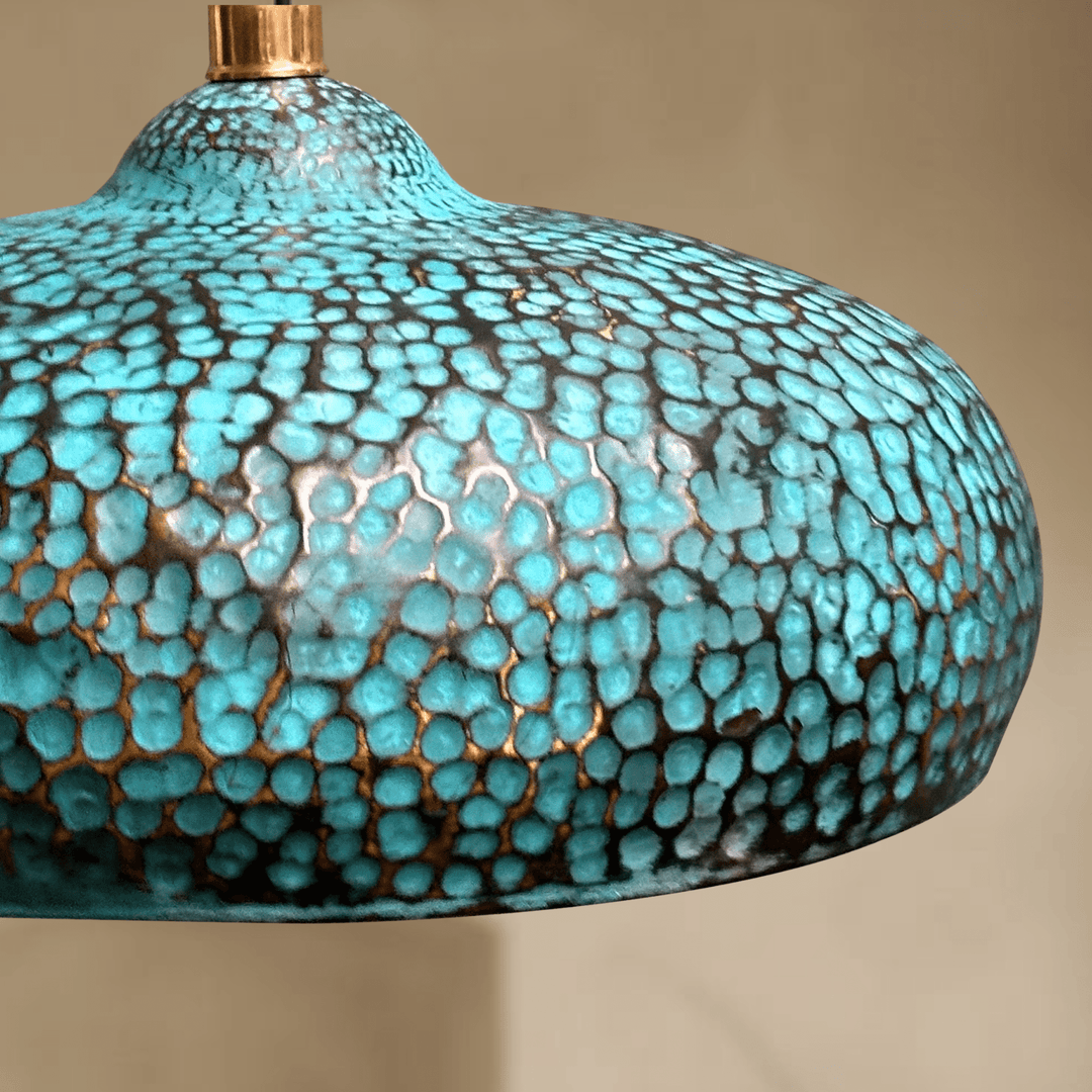 Set of 3 Blue Patina Brass Pendant Lights – Handcrafted Oxidized Dome Fixtures for Kitchen Islands