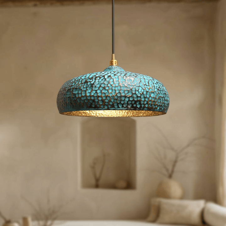 Set of 3 Blue Patina Brass Pendant Lights – Handcrafted Oxidized Dome Fixtures for Kitchen Islands