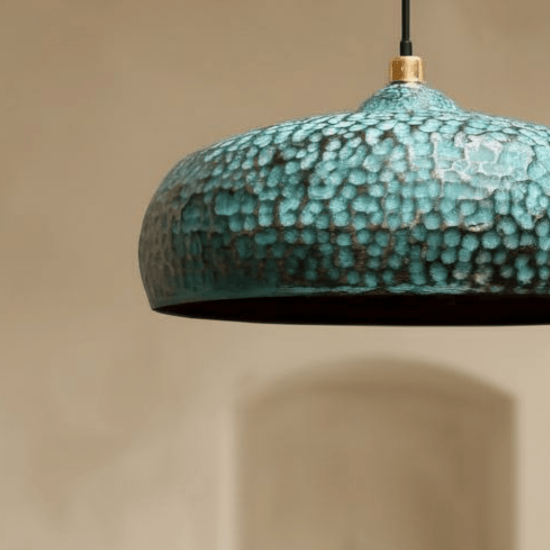 Set of 3 Blue Patina Brass Pendant Lights – Handcrafted Oxidized Dome Fixtures for Kitchen Islands